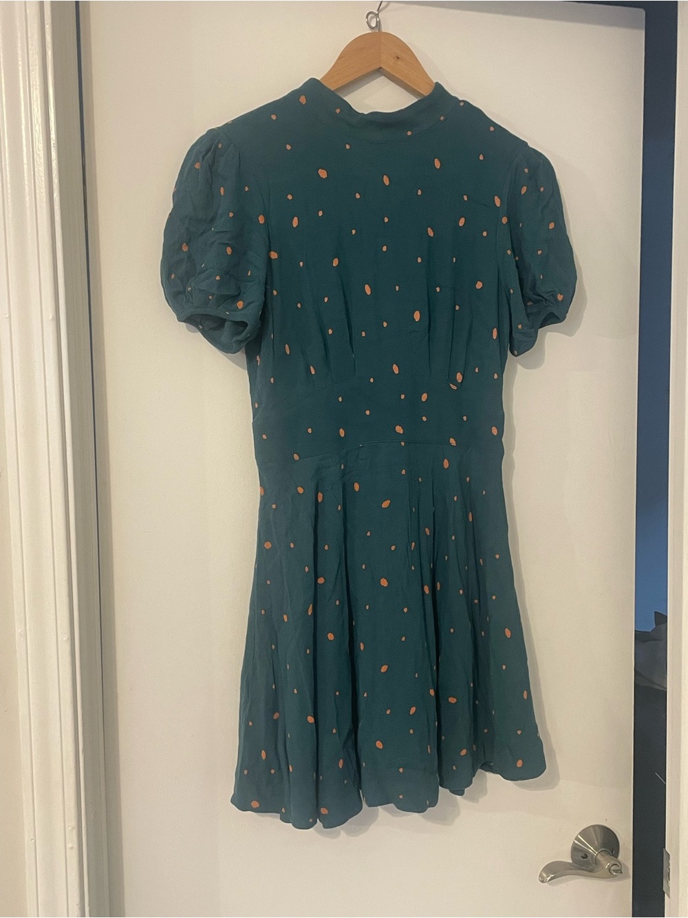 Teal Dot A-Line Dress with Puff Sleeves